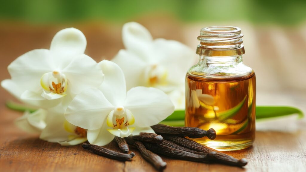 Ätherisches Vanilleöl in Glasflasche mit Vanilleschoten und weißen Orchideenblüten auf Holzbrett